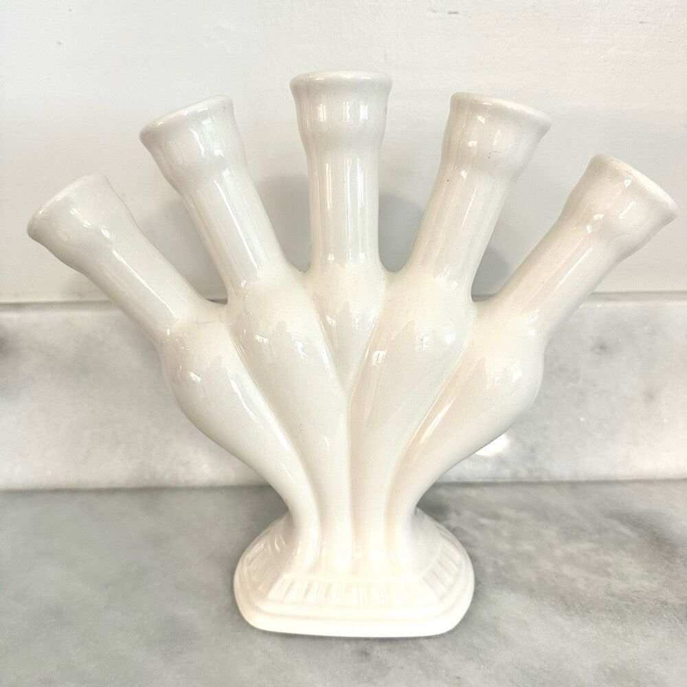 Antique Spode England Five Finger Bud Ceramic Flower Tulip Vase Solid White  9.2